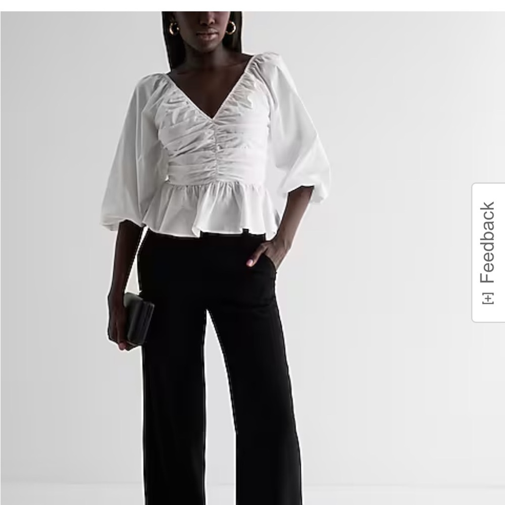 Express White V-Neck Pleated Peplum Top
